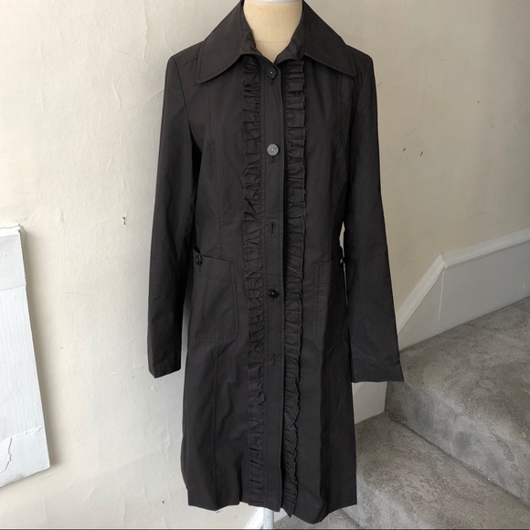Burberry Coated Cotton Ruffle Trim Trench Coat